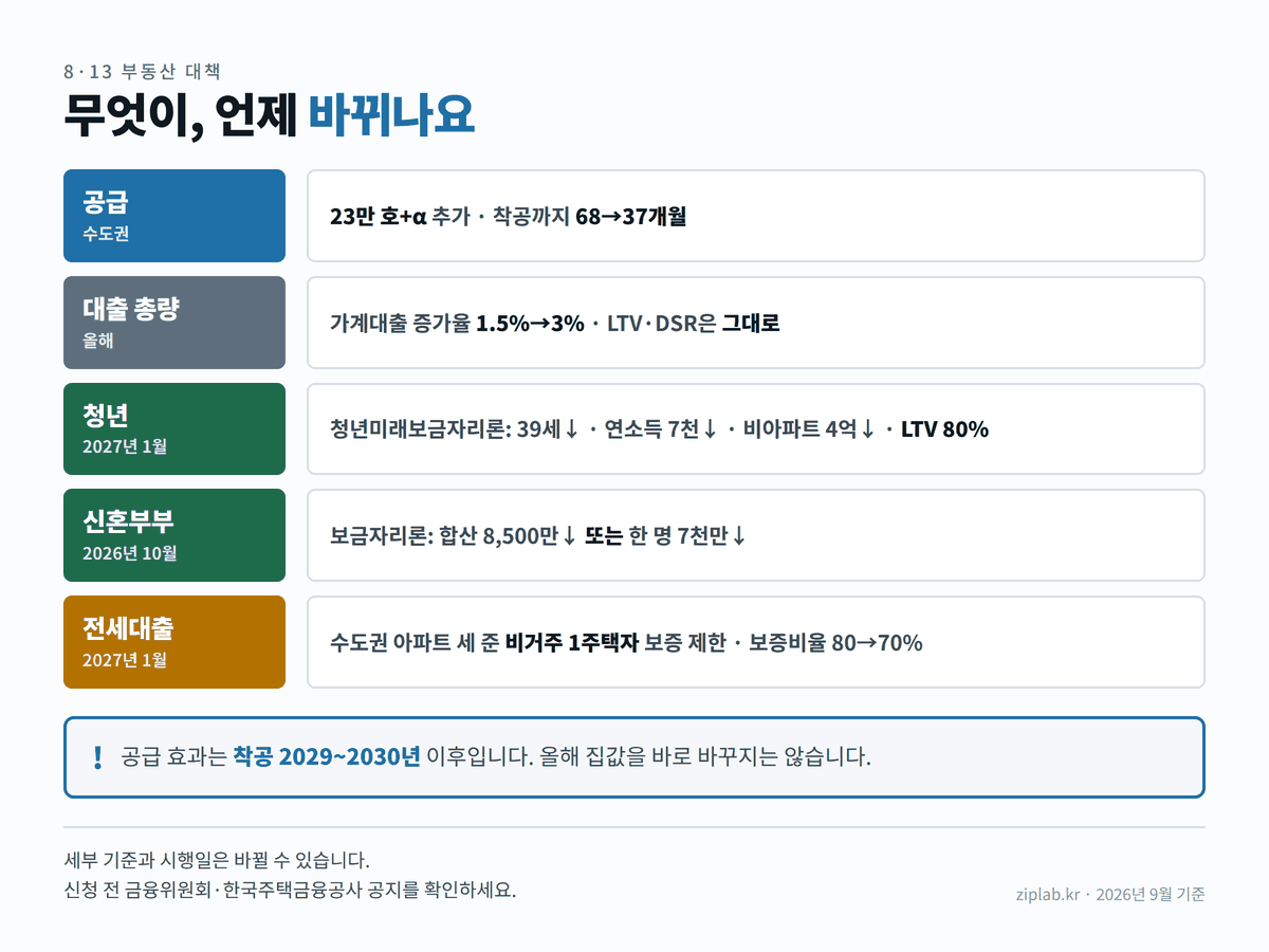 8·13 부동산 대책 5가지 변화와 시행 시기 정보 도표