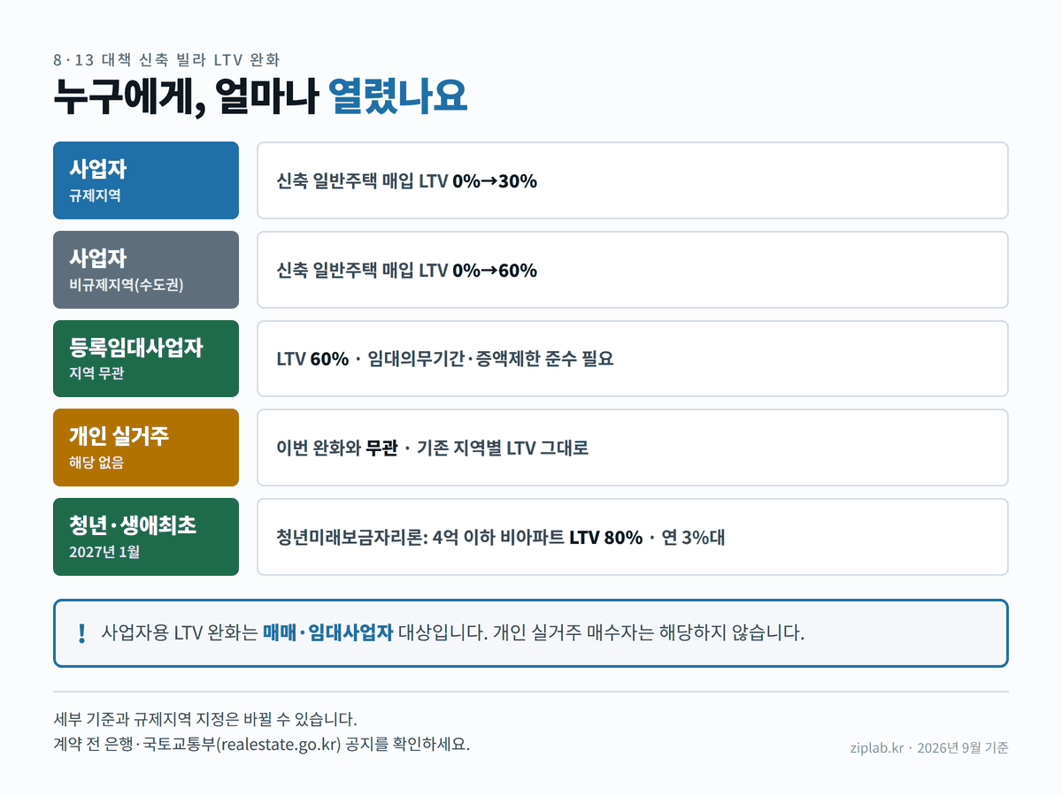 8·13 대책 신축 빌라 매입 LTV 완화 사업자·개인 구분 정보 도표